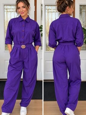 Vintage 80s Purple Jumpsuit Belted One Piece Button Front Retro Outfit Womens